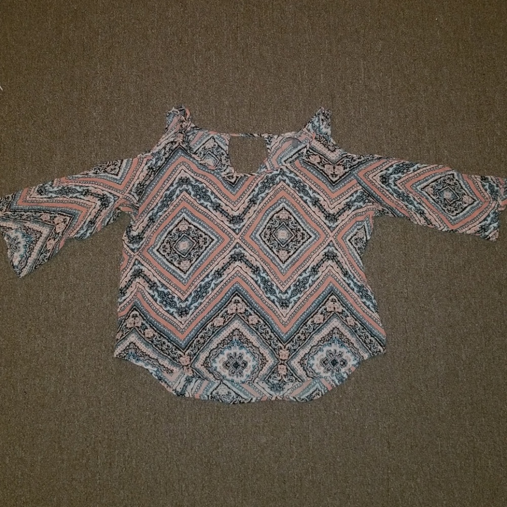 peach and navy patterned top